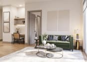 Thumbnail 52 of 58 - a living room with a green couch and a coffee table at Bemiston Place Apartments, Missouri, 63105
