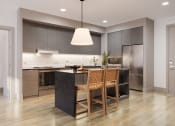 Thumbnail 46 of 58 - a large kitchen with a black island and wooden chairs at Bemiston Place Apartments, Missouri