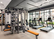 Thumbnail 30 of 46 - A gym with treadmills, weights, and exercise equipment.