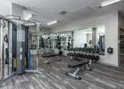 Thumbnail 15 of 28 - a gym with weights and cardio equipment in a building with white walls at Hibernia Apartments, Missouri