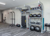 Thumbnail 17 of 28 - Hibernia fitness center with multipurpose fitness rack with medicine balls, kettlebells and ropes at Hibernia Apartments, St Louis, MO