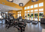 Thumbnail 21 of 28 - A gym with a variety of equipment including treadmills, weights, and exercise machines at Montage at Hawk Ridge Apartments, Lake St. Louis, 63367, Missouri