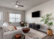 Thumbnail 4 of 28 - A living room with a grey couch, a brown coffee table, a TV on the wall, and a plant in a basket at Montage at Hawk Ridge Apartments, Lake St. Louis