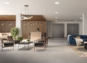 Thumbnail 3 of 6 - A modern living room with a variety of seating options and a large window with wooden blinds at Mila Apartments, Ellisville, 63011