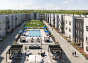 Thumbnail 6 of 6 - A large outdoor pool surrounded by apartment buildings at Mila Apartments, Missouri