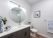 Thumbnail 23 of 39 - bathroom with plank flooring, gray cabinetry, white quartz countertops and large circular mirror at Steelcote Square, St. Louis, MO