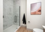 Thumbnail 19 of 58 - a bathroom with a shower and a toilet and a painting on the wall at Bemiston Place Apartments, Clayton, 63105
