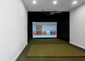 Thumbnail 5 of 18 - A projection screen in a dark room with a green carpet.