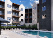 Thumbnail 8 of 22 - a pool with white lounge chairs in front of an apartment building at Timber Club, St. Peters Missouri