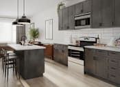 Thumbnail 1 of 6 - A modern kitchen with a large island and dark cabinets at Mila Apartments, Ellisville, MO