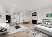 Thumbnail 9 of 29 - A modern bedroom with a large bed and a fireplace.