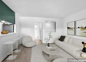 Thumbnail 16 of 29 - A modern living room with a white couch, a grey coffee table, and a white chair.