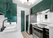 Thumbnail 20 of 29 - A kitchen with green cabinets and a white sink.