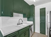 Thumbnail 21 of 29 - A kitchen with green cabinets and a white sink.