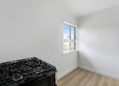 Thumbnail 18 of 22 - A black gas stove in a room with a window.