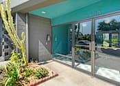 Thumbnail 2 of 4 - The image shows the entrance to a building with glass doors and a cactus plant in front.