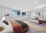Thumbnail 34 of 35 - A modern bedroom with a large bed and a glass walled room.