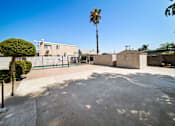 Thumbnail 12 of 17 - A courtyard with a palm tree and a building in the background.