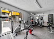 Thumbnail 8 of 19 - A gym with a variety of equipment including a treadmill, weights, and a bench press.