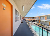Thumbnail 19 of 30 - A balcony with a pool and a view of the sky.