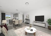 Thumbnail 11 of 27 - A modern living room with a white sofa, a coffee table, and a flat-screen TV.