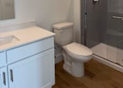 Thumbnail 20 of 24 - A white toilet sits next to a walk-in shower in a bathroom.