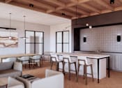 Thumbnail 3 of 24 - A modern kitchen with a wooden ceiling and white cabinets.