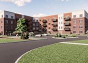 Thumbnail 1 of 24 - A modern apartment complex with a curved driveway in front.