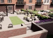 Thumbnail 4 of 24 - A patio with a table and chairs is surrounded by a brick wall.