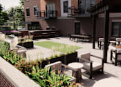 Thumbnail 5 of 24 - A patio with chairs and tables is surrounded by a brick building.