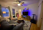 Thumbnail 12 of 25 - A living room with a grey couch and a television.