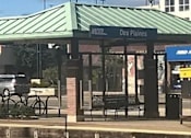 Thumbnail 45 of 45 - A train station with a green roof and a sign that says Des Plaines.