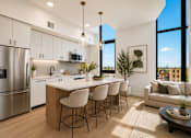 Thumbnail 13 of 18 - A modern kitchen with a bar area and a view of the city.