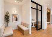 Thumbnail 4 of 18 - A white room with a bench and a tree.