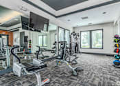 Thumbnail 12 of 35 - A gym with a variety of equipment including treadmills, weights, and exercise machines.