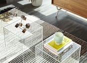 Thumbnail 10 of 31 - A white and black striped rug with a glass table and a white vase with a plant on it.
