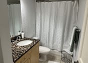 Thumbnail 13 of 29 - A bathroom with a white toilet, sink, and shower curtain.