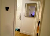 Thumbnail 17 of 25 - A hallway with a mirror and a black object on the wall.