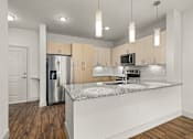 Thumbnail 7 of 50 - A kitchen with a granite countertop and stainless steel appliances.