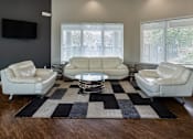 Thumbnail 18 of 21 - A living room with white leather furniture and a black and white rug.