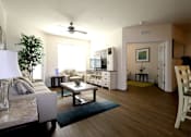 Thumbnail 37 of 44 - A living room with a couch, a coffee table, and a ceiling fan.