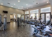 Thumbnail 43 of 44 - A gym with treadmills, elliptical machines, and a television.