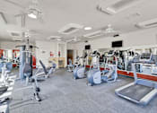 Thumbnail 17 of 23 - A spacious gym with a variety of equipment including treadmills, weights, and exercise machines.