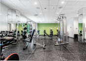 Thumbnail 4 of 45 - A gym with a variety of equipment including a rowing machine, a bench press, and a squat rack.