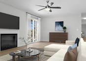 Thumbnail 16 of 20 - A modern living room with a white sofa, a coffee table, a flat screen TV, and a ceiling fan.