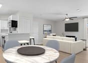 Thumbnail 15 of 20 - A modern living room with a kitchen area in the background.