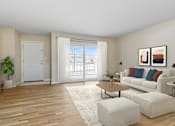 Thumbnail 13 of 27 - A living room with a white couch, a wooden floor, and a large window with white curtains. at Chatham Hill, New Jersey, 07928