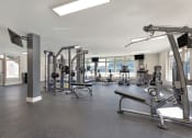 Thumbnail 16 of 51 - a gym with weights and other exercise equipment in a building with windows at Copper and Quarry Village, Pikesville