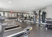 Thumbnail 17 of 46 - a gym with cardio equipment and weights in a building with windows at Pier Village Apartments, Long Branch, 07740