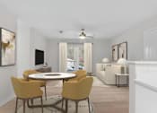 Thumbnail 3 of 26 - A modern dining room with a round table and yellow chairs.